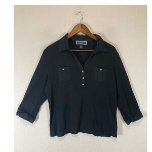 Classic Core Karen Scott Women XL Black 100% Cotton 3/4 Roll-Tab Sleeve Polo Top